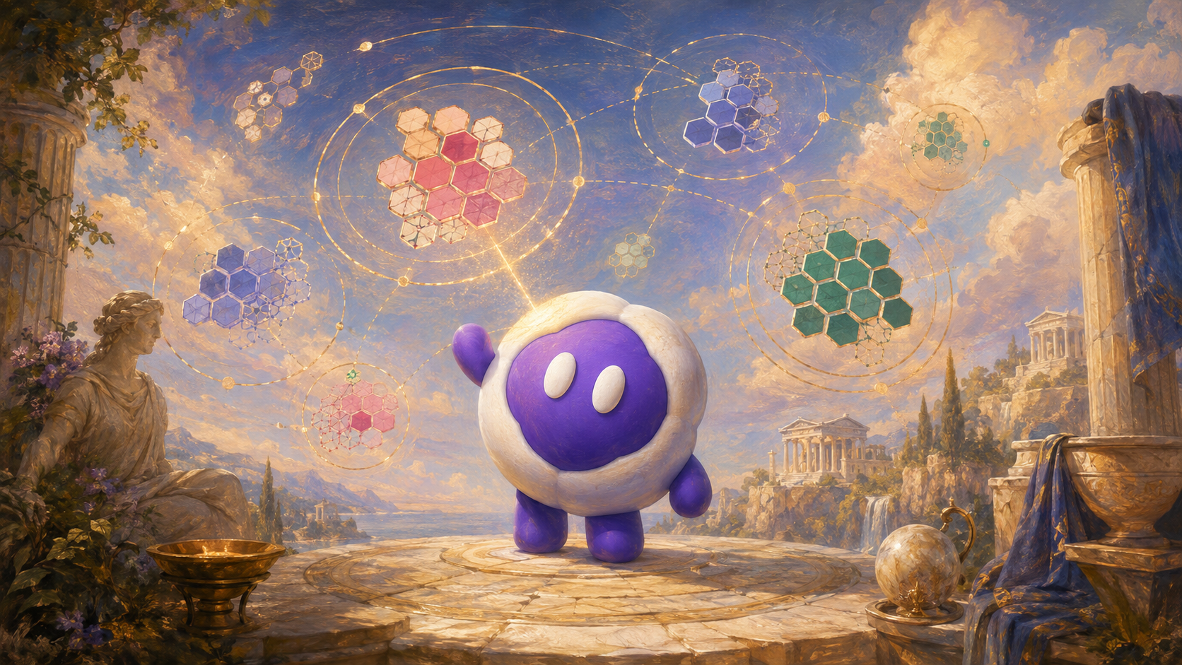 Renaissance-style painting of Spron, the purple Spronta mascot, standing on a classical stone terrace conjuring floating hexagonal topic clusters in golden orbital rings across the sky